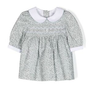 Classic Patachou long sleeve smocked seafoam green floral Peter Pan collar dress